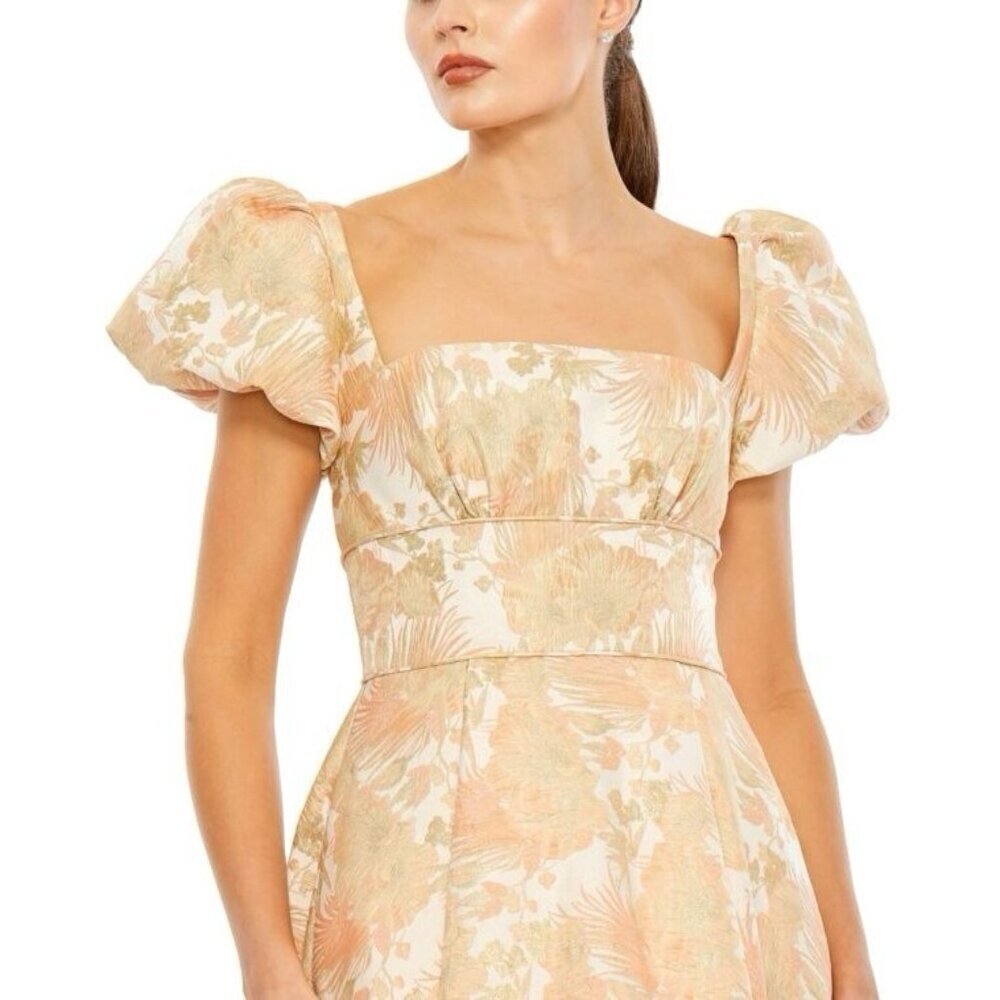 MAC DUGGAL Size 14 Peach Floral Brocade 68276 Puff Sleeve High Low Gown Dress - Picture 2 of 10